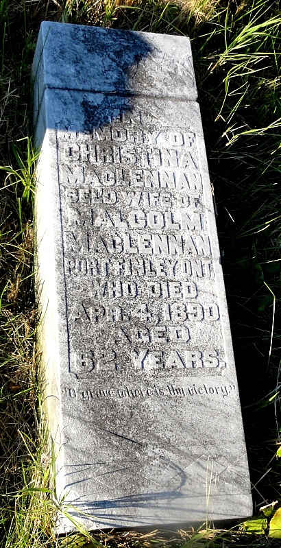 Photo of headstones/Christina MacLennan Headstone 1890  Stickney Cemetery, Algoma, Ontario, Canada
